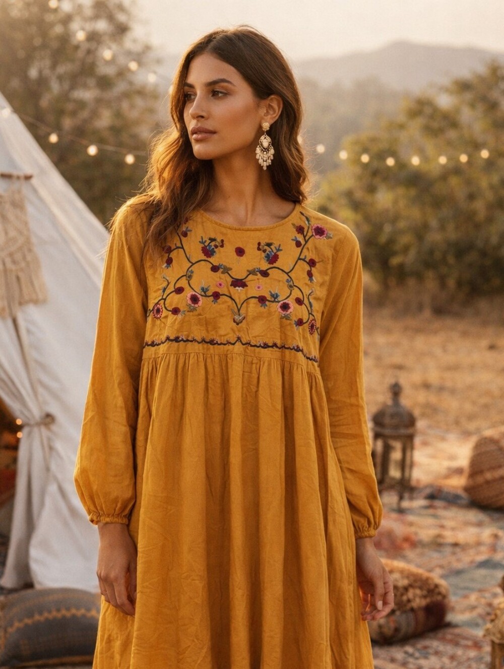 Boho Embroidered Mustard Tunic Midi Dress Cottage Core